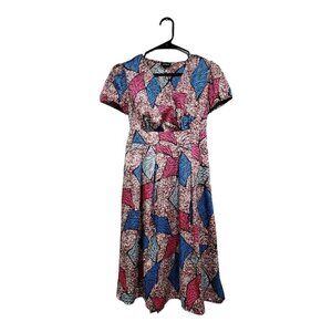 Kookai Women's Short-Sleeved  A-Line Midi Dress Blue Pink V-Neck Sz 36/ …